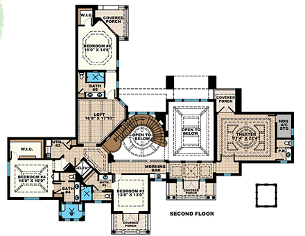Florida, Mediterranean House Plan 75933 with 5 Beds, 9 Baths, 5 Car Garage Second Level Plan