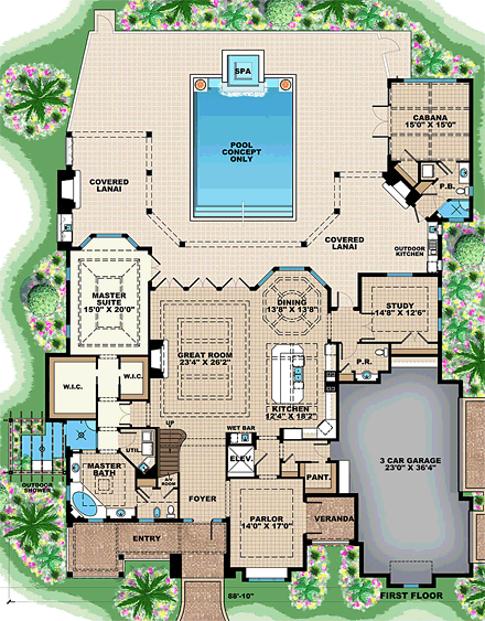 Florida, Mediterranean House Plan 75938 with 5 Beds, 6 Baths, 3 Car Garage First Level Plan