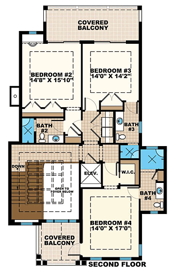 Florida, Mediterranean House Plan 75938 with 5 Beds, 6 Baths, 3 Car Garage Second Level Plan