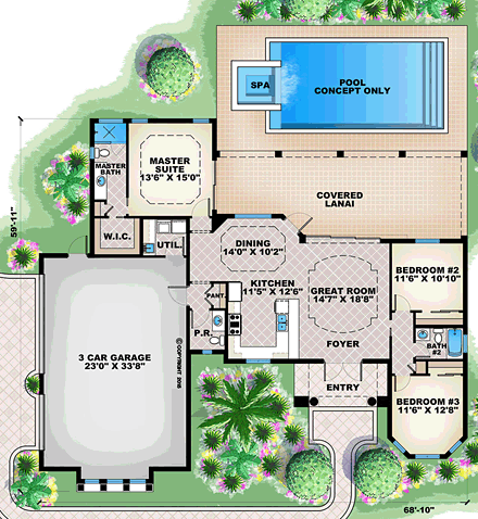 Florida, Mediterranean House Plan 75939 with 3 Beds, 3 Baths, 3 Car Garage First Level Plan