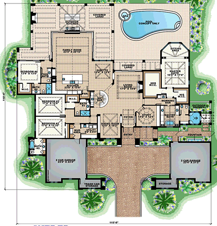Mediterranean House Plan 75943 with 4 Beds, 5 Baths, 4 Car Garage First Level Plan
