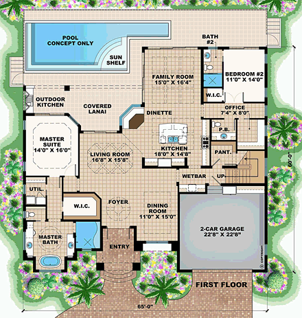 Mediterranean House Plan 75944 with 4 Beds, 4 Baths, 2 Car Garage First Level Plan