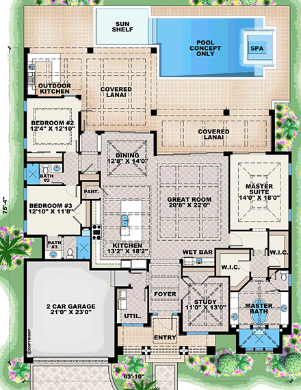 Coastal, Mediterranean House Plan 75947 with 3 Beds, 3 Baths, 2 Car Garage First Level Plan