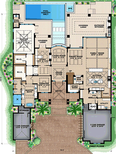 Florida, Mediterranean House Plan 75954 with 4 Beds, 6 Baths, 3 Car Garage First Level Plan