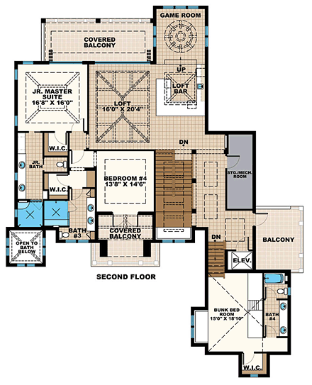 Florida, Mediterranean House Plan 75954 with 4 Beds, 6 Baths, 3 Car Garage Second Level Plan