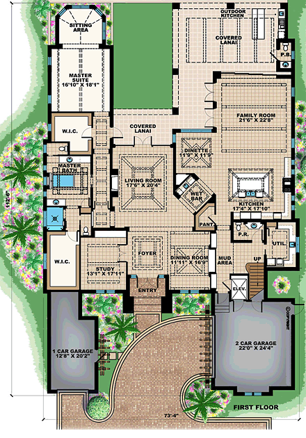 Florida, Mediterranean House Plan 75956 with 5 Beds, 7 Baths, 3 Car Garage First Level Plan