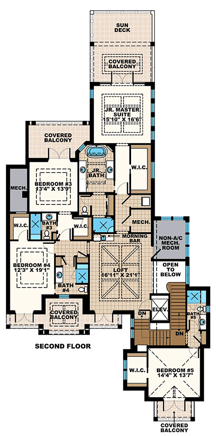 Florida, Mediterranean House Plan 75956 with 5 Beds, 7 Baths, 3 Car Garage Second Level Plan