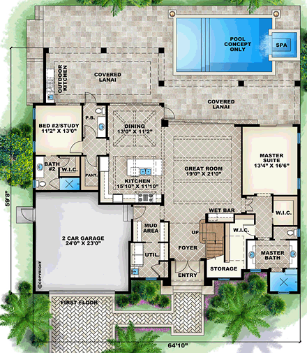 Coastal, Florida, Mediterranean House Plan 75960 with 4 Beds, 4 Baths, 2 Car Garage First Level Plan