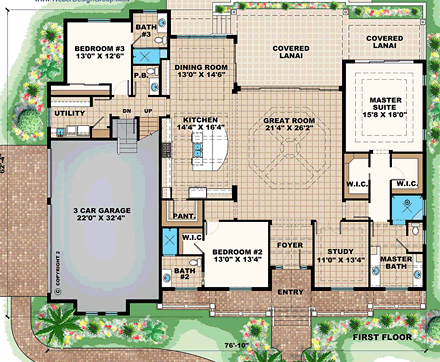 Contemporary, Florida, French Country House Plan 75961 with 4 Beds, 5 Baths, 3 Car Garage First Level Plan