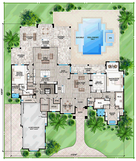 Coastal, Florida, Mediterranean House Plan 75963 with 5 Beds, 7 Baths, 4 Car Garage First Level Plan