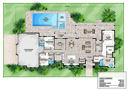 Coastal, Florida, Mediterranean House Plan 75964 with 3 Beds, 4 Baths, 3 Car Garage First Level Plan