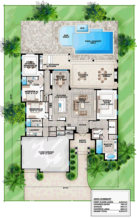 Coastal, Florida, Mediterranean House Plan 75965 with 4 Beds, 4 Baths, 3 Car Garage First Level Plan