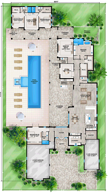 Coastal, Florida, Mediterranean, Southern House Plan 75966 with 4 Beds, 5 Baths, 3 Car Garage First Level Plan