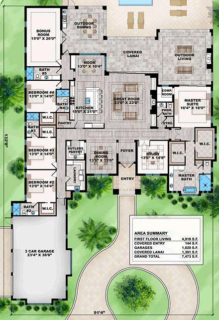 Coastal, Contemporary, Florida, Mediterranean House Plan 75967 with 5 Beds, 6 Baths, 3 Car Garage First Level Plan
