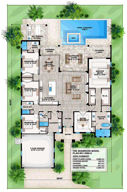 Coastal, Florida, Mediterranean, Southern House Plan 75969 with 4 Beds, 4 Baths, 2 Car Garage First Level Plan