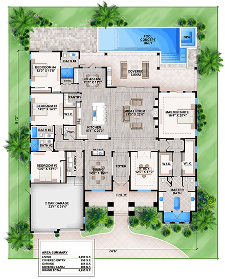 Florida, Mediterranean House Plan 75970 with 4 Beds, 5 Baths, 2 Car Garage First Level Plan