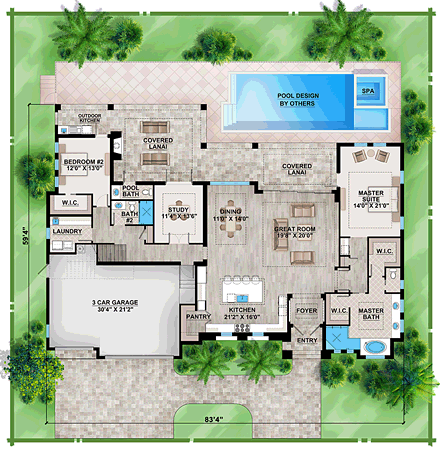 Coastal, Florida, Mediterranean House Plan 75971 with 4 Beds, 5 Baths, 3 Car Garage First Level Plan