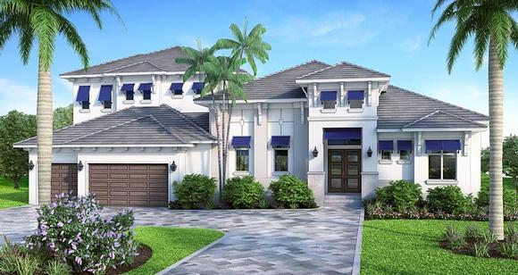 Coastal, Florida, Mediterranean House Plan 75971 with 4 Beds, 5 Baths, 3 Car Garage Elevation