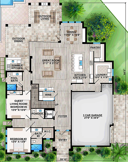 Coastal, Florida, Mediterranean, Modern, Prairie House Plan 75973 with 4 Beds, 6 Baths, 3 Car Garage First Level Plan