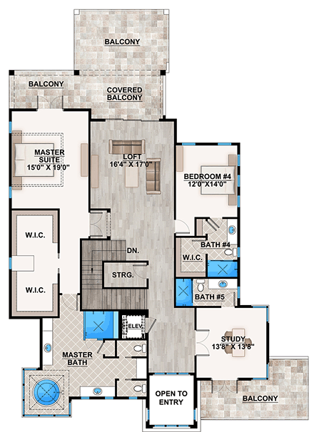 Coastal, Florida, Mediterranean, Modern, Prairie House Plan 75973 with 4 Beds, 6 Baths, 3 Car Garage Second Level Plan