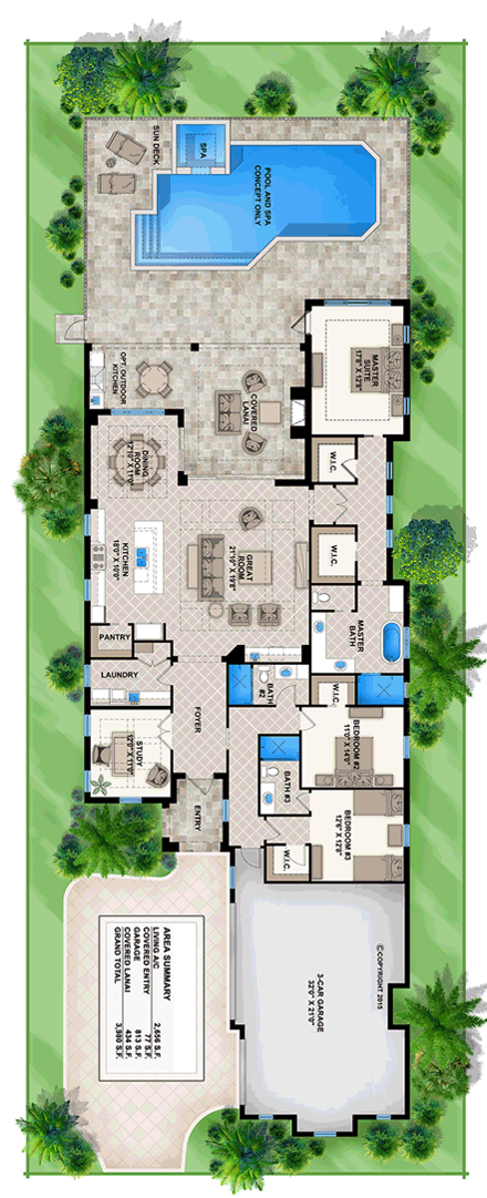 Florida, Mediterranean, Southern House Plan 75974 with 3 Beds, 3 Baths, 3 Car Garage First Level Plan