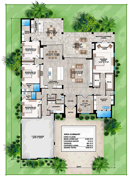 Florida, Mediterranean House Plan 75975 with 4 Beds, 5 Baths, 3 Car Garage First Level Plan