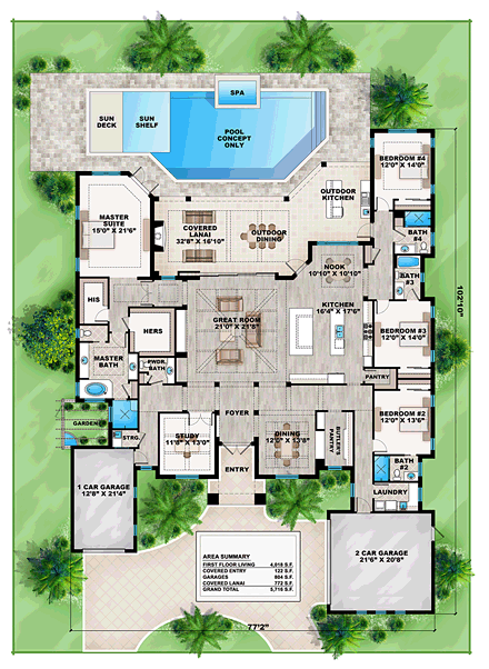 Coastal, Florida, Mediterranean House Plan 75976 with 4 Beds, 5 Baths, 3 Car Garage First Level Plan