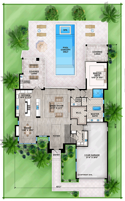 Contemporary, Florida, Modern House Plan 75977 with 3 Beds, 4 Baths, 3 Car Garage First Level Plan