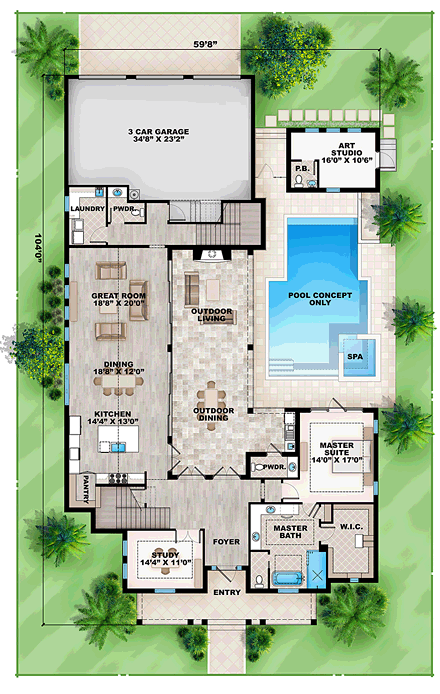 Coastal, Country, Craftsman, Florida House Plan 75978 with 4 Beds, 6 Baths, 3 Car Garage First Level Plan