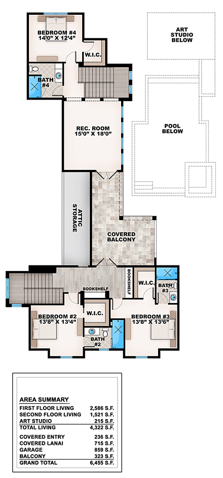 Coastal, Country, Craftsman, Florida House Plan 75978 with 4 Beds, 6 Baths, 3 Car Garage Second Level Plan