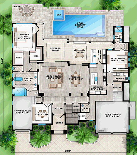 Coastal, Florida, Mediterranean House Plan 75979 with 4 Beds, 5 Baths, 3 Car Garage First Level Plan