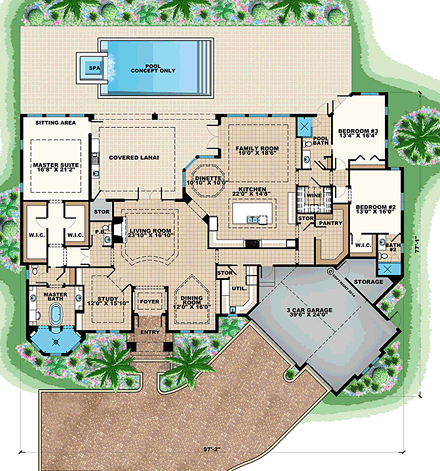 Contemporary, Modern, Southwest House Plan 75982 with 3 Beds, 4 Baths, 3 Car Garage First Level Plan