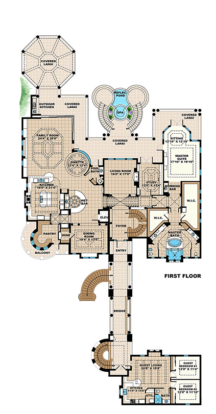 Coastal, Mediterranean House Plan 75984 with 6 Beds, 7 Baths, 8 Car Garage First Level Plan
