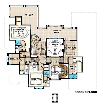 Coastal, Mediterranean House Plan 75984 with 6 Beds, 7 Baths, 8 Car Garage Second Level Plan