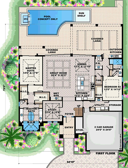 Coastal, Florida, Mediterranean House Plan 75985 with 4 Beds, 5 Baths, 2 Car Garage First Level Plan