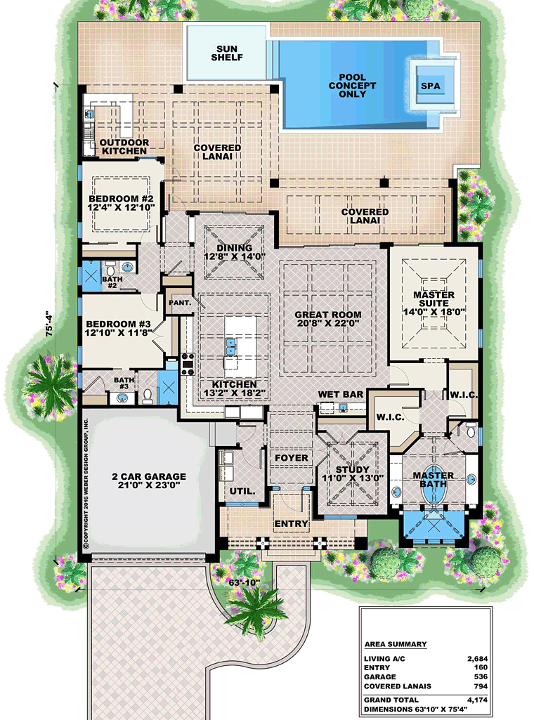 Coastal, Contemporary, Florida House Plan 75989 with 3 Beds, 3 Baths, 2 Car Garage Level One