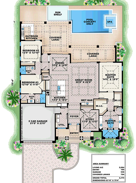 Coastal, Contemporary, Florida House Plan 75989 with 3 Beds, 3 Baths, 2 Car Garage First Level Plan