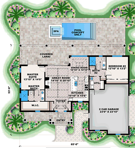 Cottage, Craftsman, Florida, Southern House Plan 75990 with 2 Beds, 2 Baths, 2 Car Garage First Level Plan