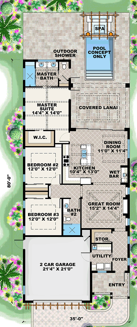Coastal, Cottage, Craftsman, Florida House Plan 75991 with 3 Beds, 2 Baths, 2 Car Garage First Level Plan
