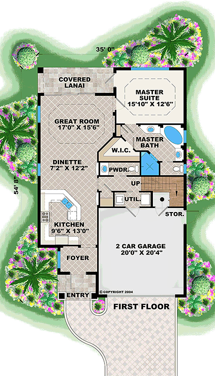 Florida, Mediterranean House Plan 75992 with 3 Beds, 3 Baths, 2 Car Garage First Level Plan