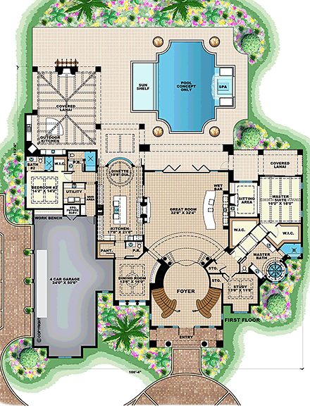Florida, French Country, Mediterranean House Plan 75993 with 4 Beds, 6 Baths, 4 Car Garage First Level Plan