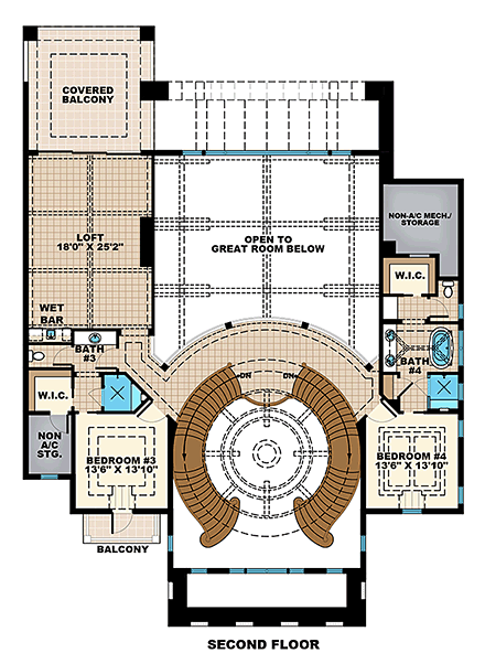 Florida, French Country, Mediterranean House Plan 75993 with 4 Beds, 6 Baths, 4 Car Garage Second Level Plan