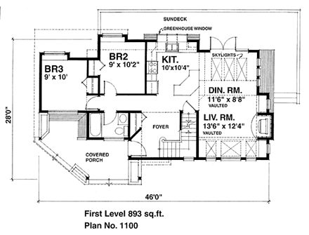 Cabin, Contemporary House Plan 76000 with 3 Beds, 2 Baths First Level Plan