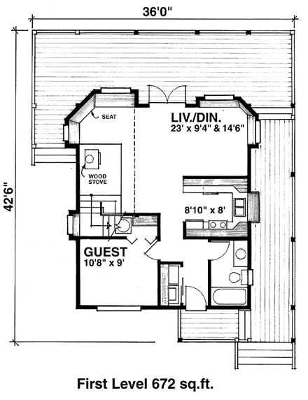 Cabin, Contemporary, Country House Plan 76001 with 2 Beds, 2 Baths First Level Plan