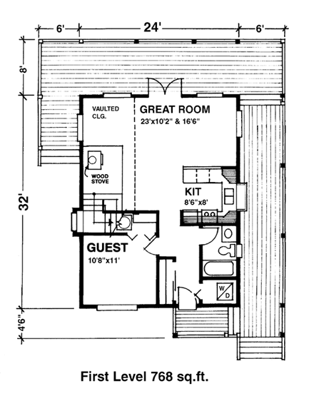 Contemporary House Plan 76002 with 2 Beds, 2 Baths First Level Plan