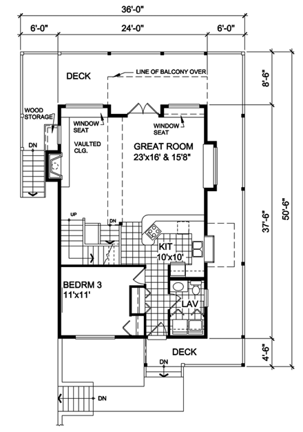 Country, Narrow Lot House Plan 76004 with 3 Beds, 2 Baths First Level Plan