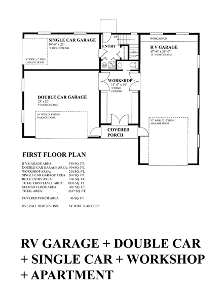 4 Car Garage Apartment Plan 76029 with 1 Beds, 3 Baths, RV Storage First Level Plan