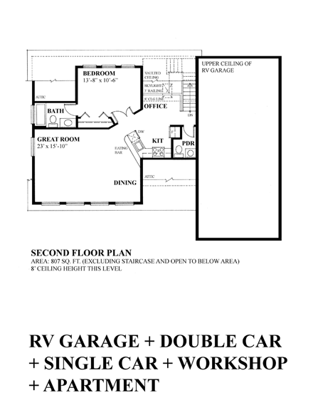 4 Car Garage Apartment Plan 76029 with 1 Beds, 3 Baths, RV Storage Second Level Plan