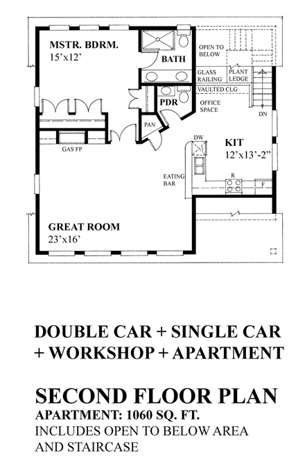 3 Car Garage Plan 76037 with 1 Beds, 2 Baths Second Level Plan
