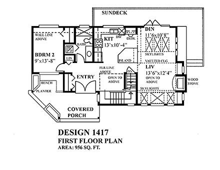 Cabin, Country House Plan 76057 with 2 Beds, 2 Baths First Level Plan